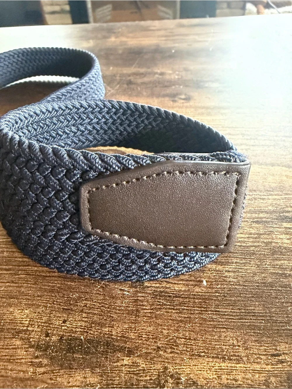 Bass Navy Woven Belt with Brown Leather and Brass Buckle